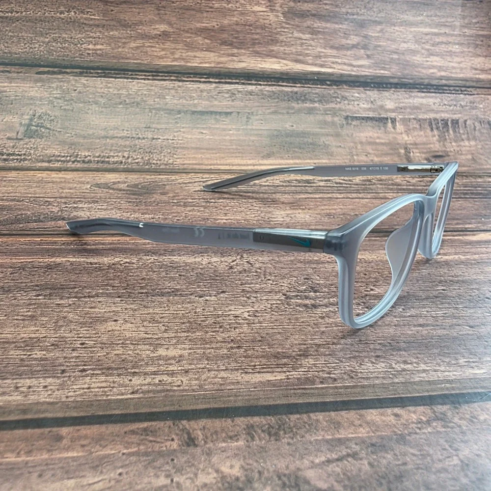 Nike 5019 035 Matte Grey Rectangular Eyeglass Frames 47-15-130 Teal Swoosh‎ Logo